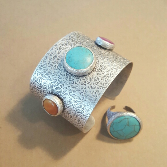 Agate and turquoise bracelet with matching ring - Picture 2 of 3