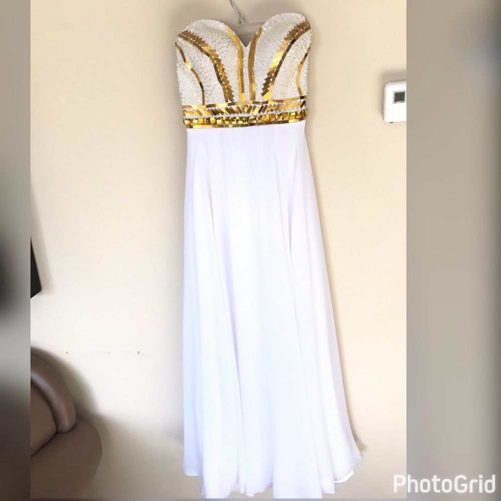 Long White and Gold Prom Dress