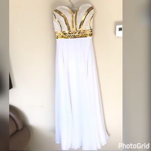 Long White and Gold Prom Dress