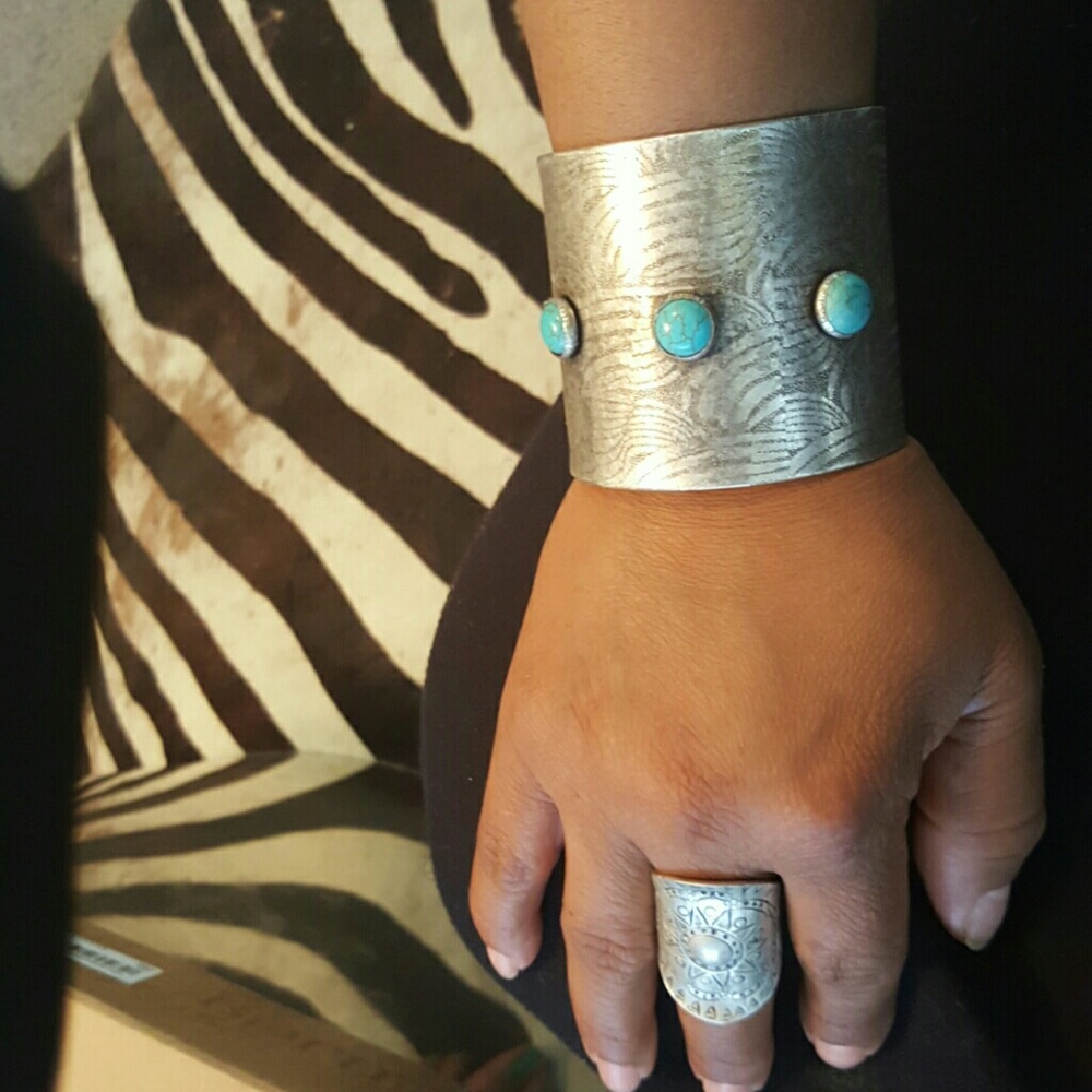 Textured silver turquoise bracelet and ring