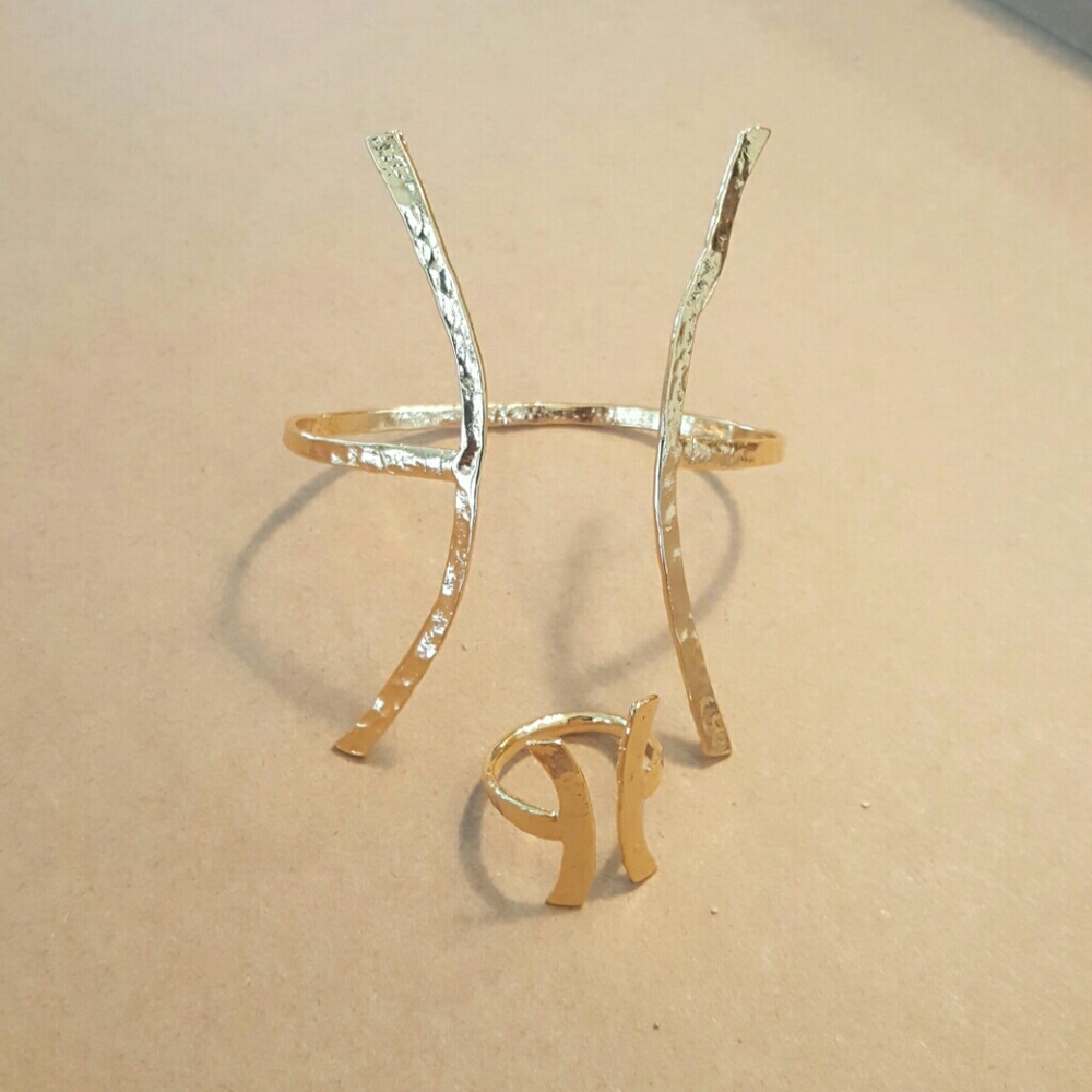 Hammered gold tone cuff and ring