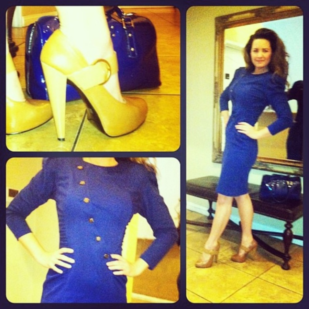 Blue Vintage Military Cotton Midi Dress