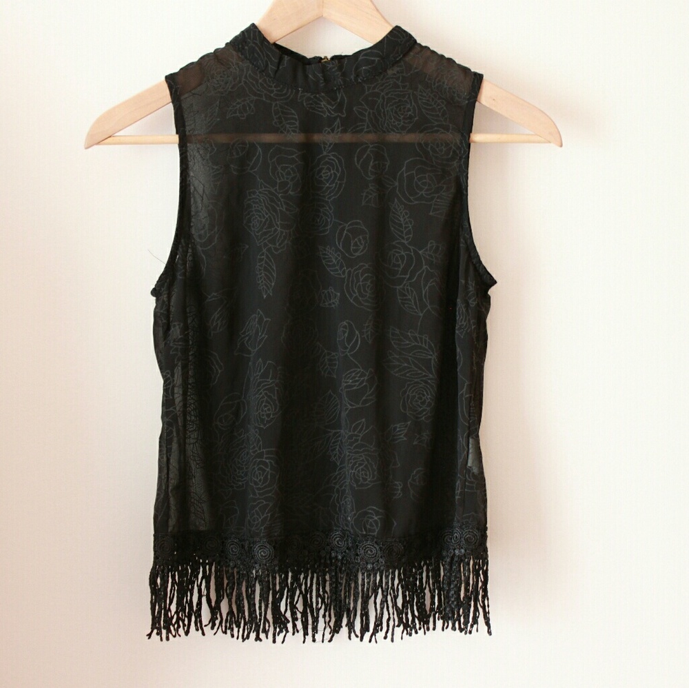 Rose Print Tassel Mock Neck Tank