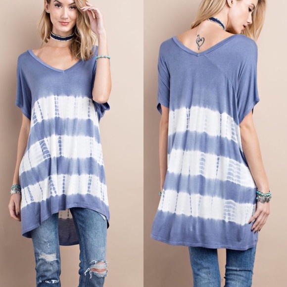 Denim Blue White Tie Dye hi low Tunic Top - Picture 2 of 3