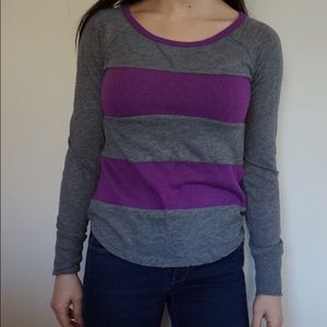 Gray and purple striped long-sleeve shirt