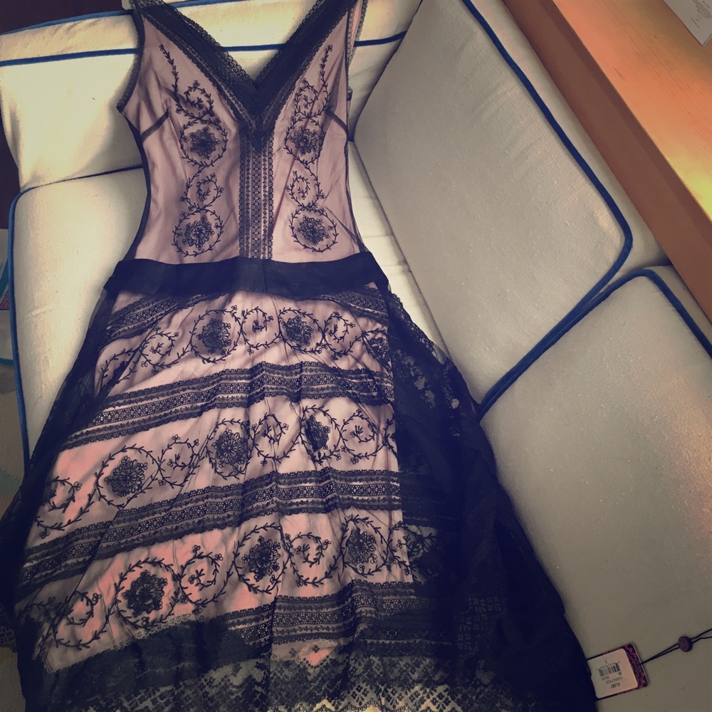 BCBGMaxazria black lace dress with blush pink slip