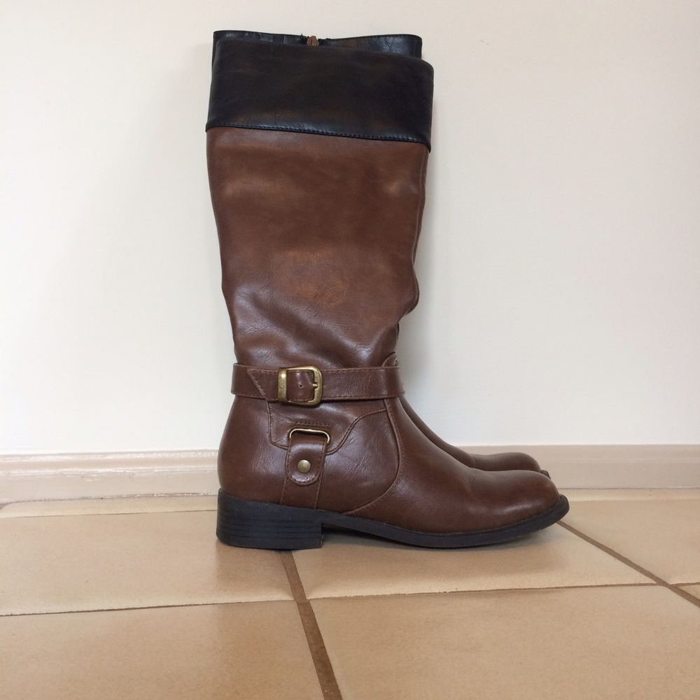 Brown and black boots