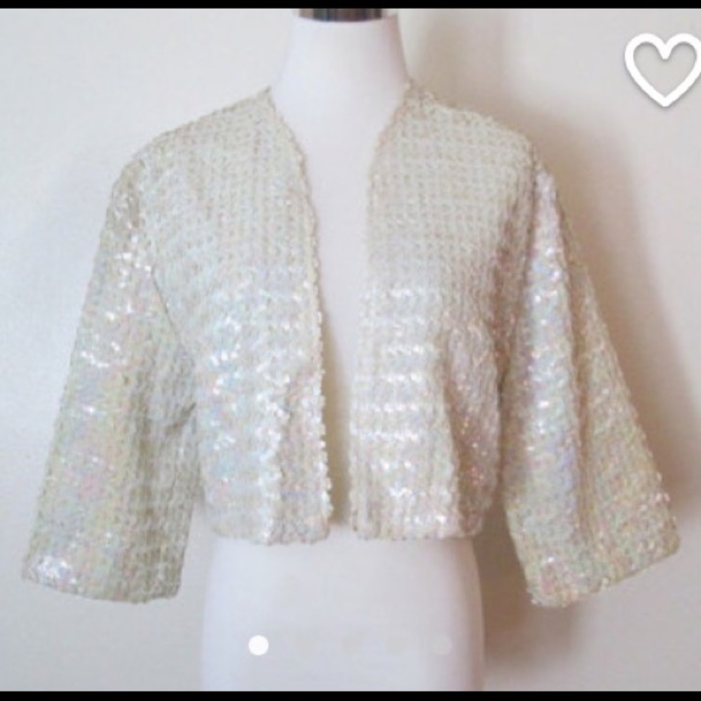 Iridescent sequined 3/4 bell sleeve crop cardigan