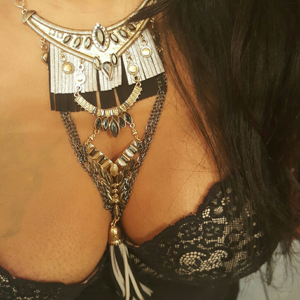 Gold necklace with silver and black suede fringe