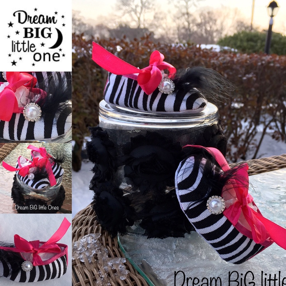 New Baby Girl Gift 1st Shoes Zebra Marabou Shower