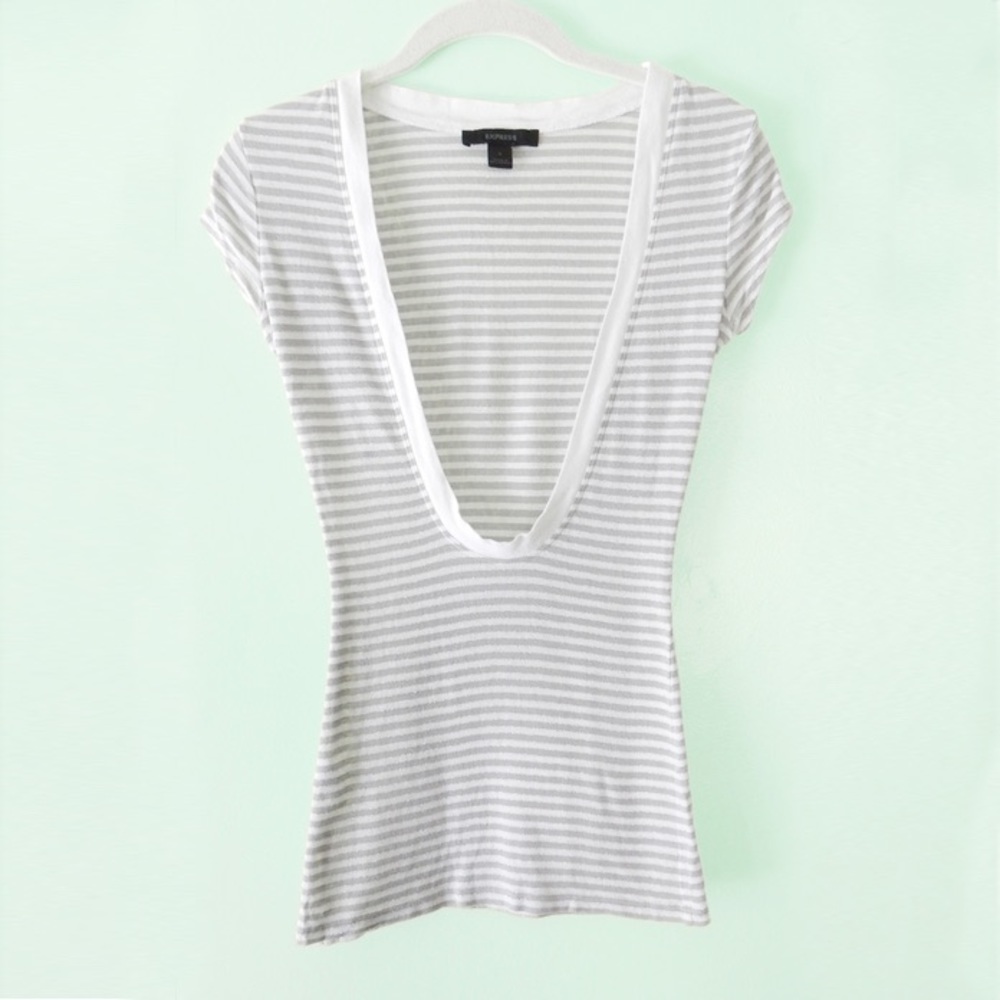 Metallic Silver Gray White Striped Deep V-neck Tee