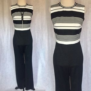 Vtg 70s M Black White Striped Wide Leg Jumpsuit