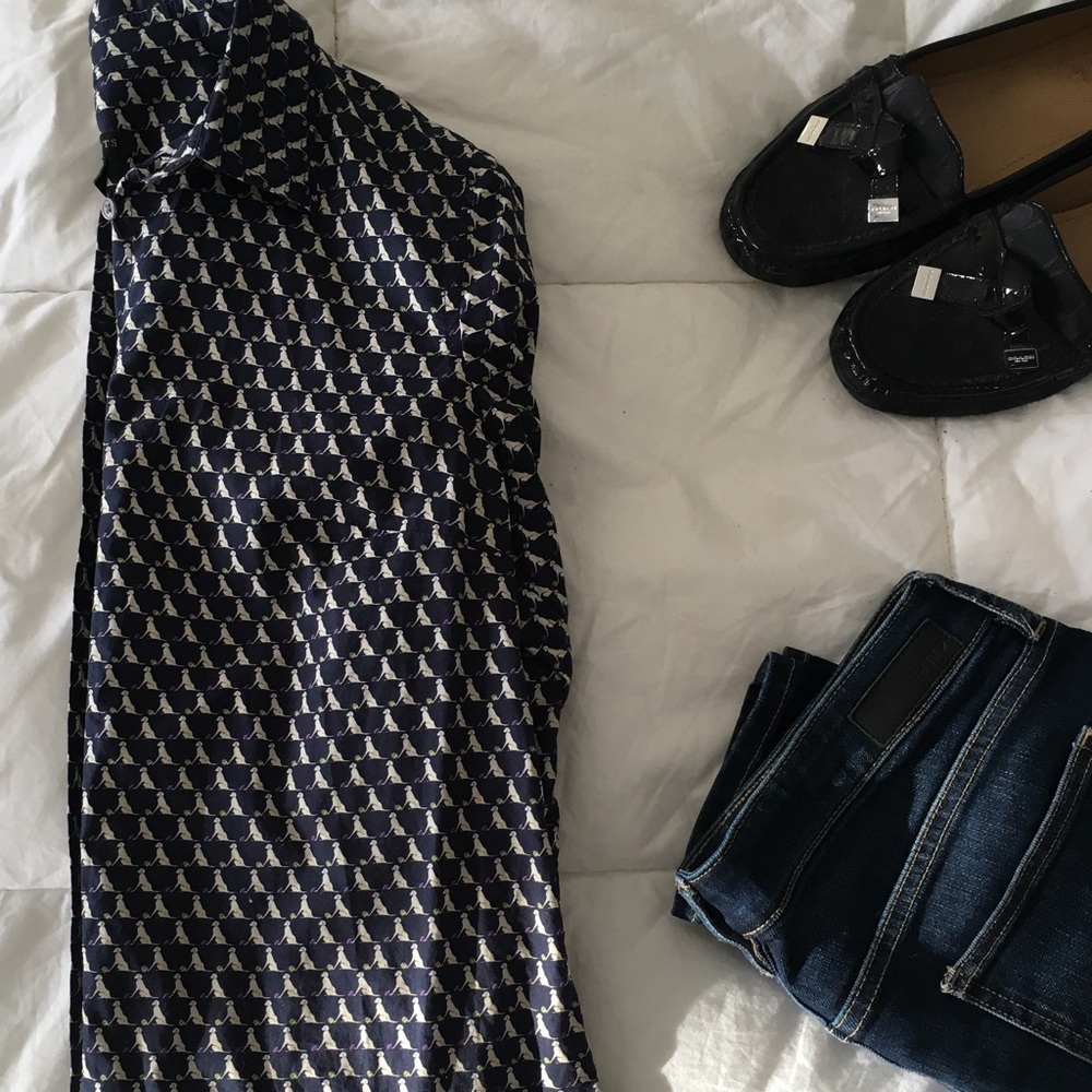 Talbots Navy Button Up Dog Print Shirt