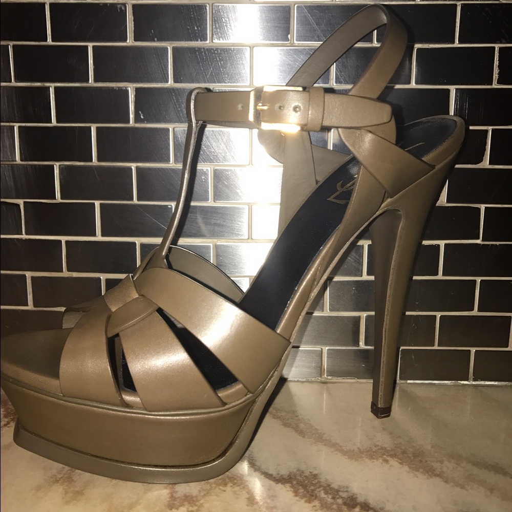 BRANDNEW Brown YSL leather tribute platform sandal