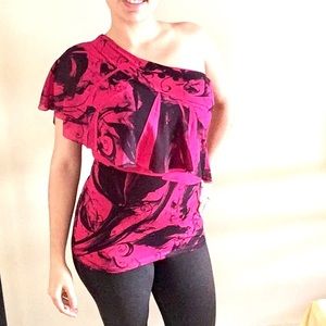 Bebe One Shoulder Fuschia Top with Floral Design