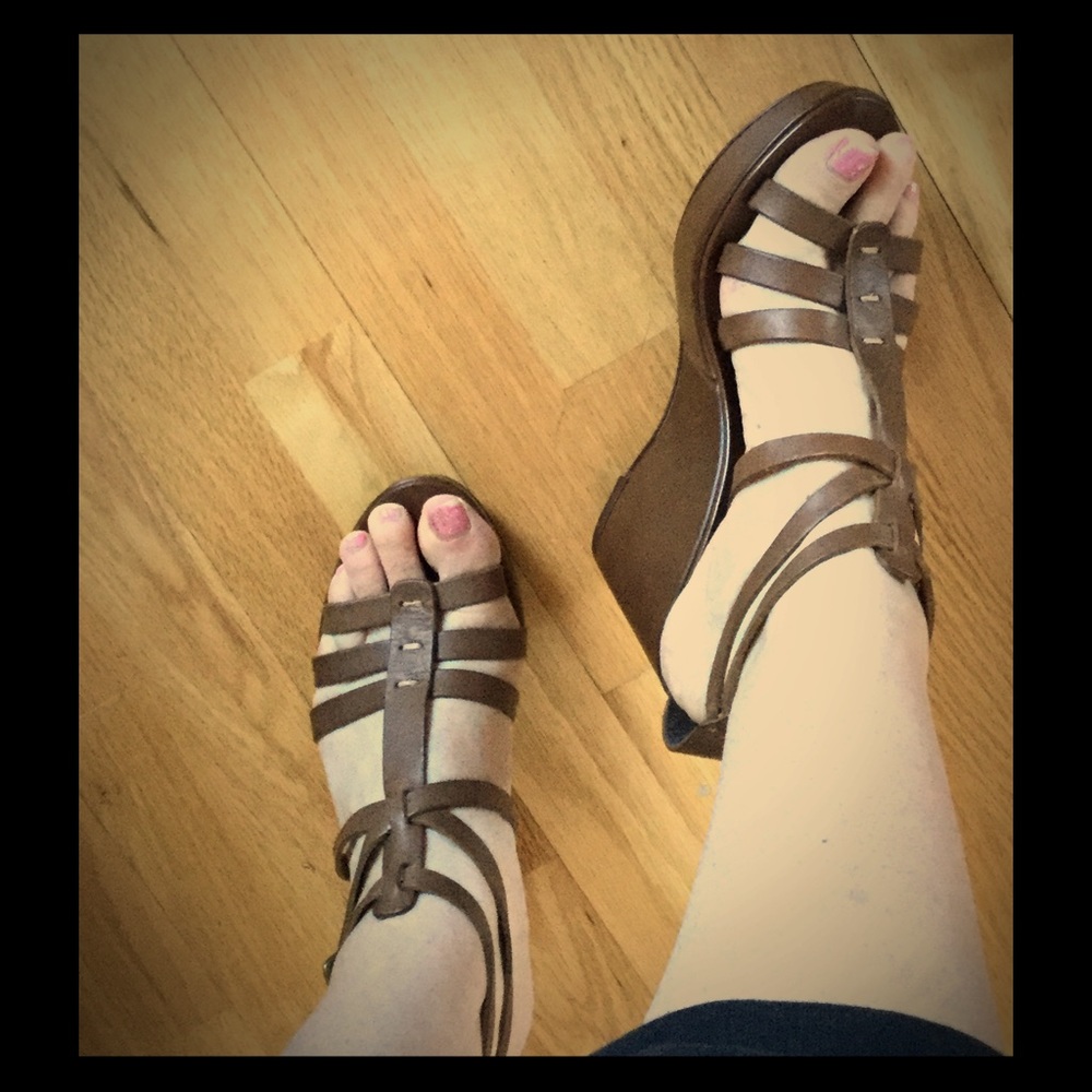 Jcrew chocolate leather wedges.