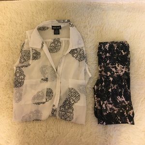 Sheer sleeveless Blouse and Patterned Legging Set