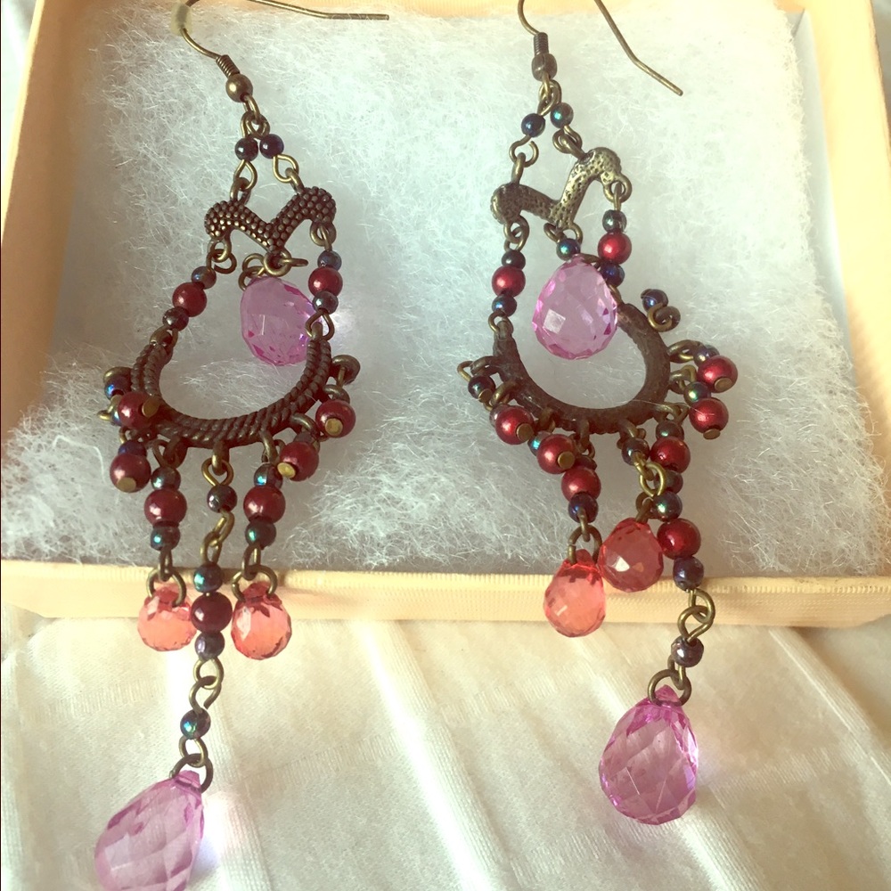 Long Pink & Gold Chandelier Earrings