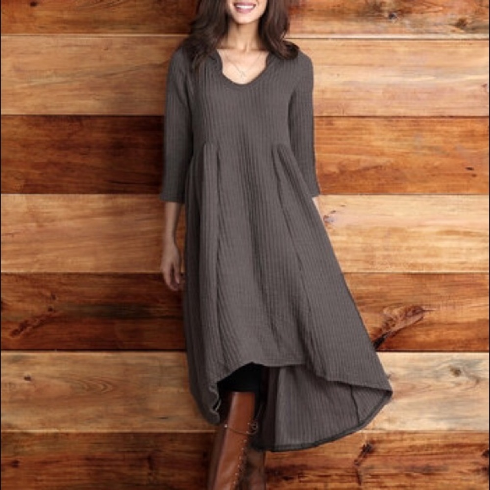 Hi-Lo ribbed sweater dress with hood.