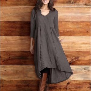 Hi-Lo ribbed sweater dress with hood.