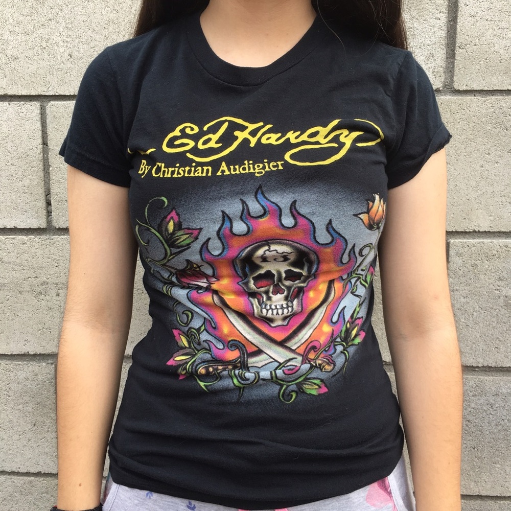 Ed Hardy vintage black flames skull top