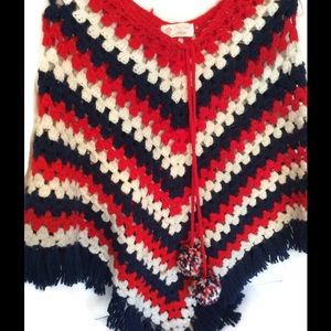 Vtg 1970's Bohemian Red White Blue Knitted Cape
