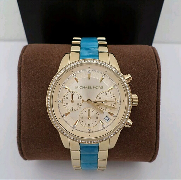 NWT Michael Kors Ritz blue gold chronograph watch