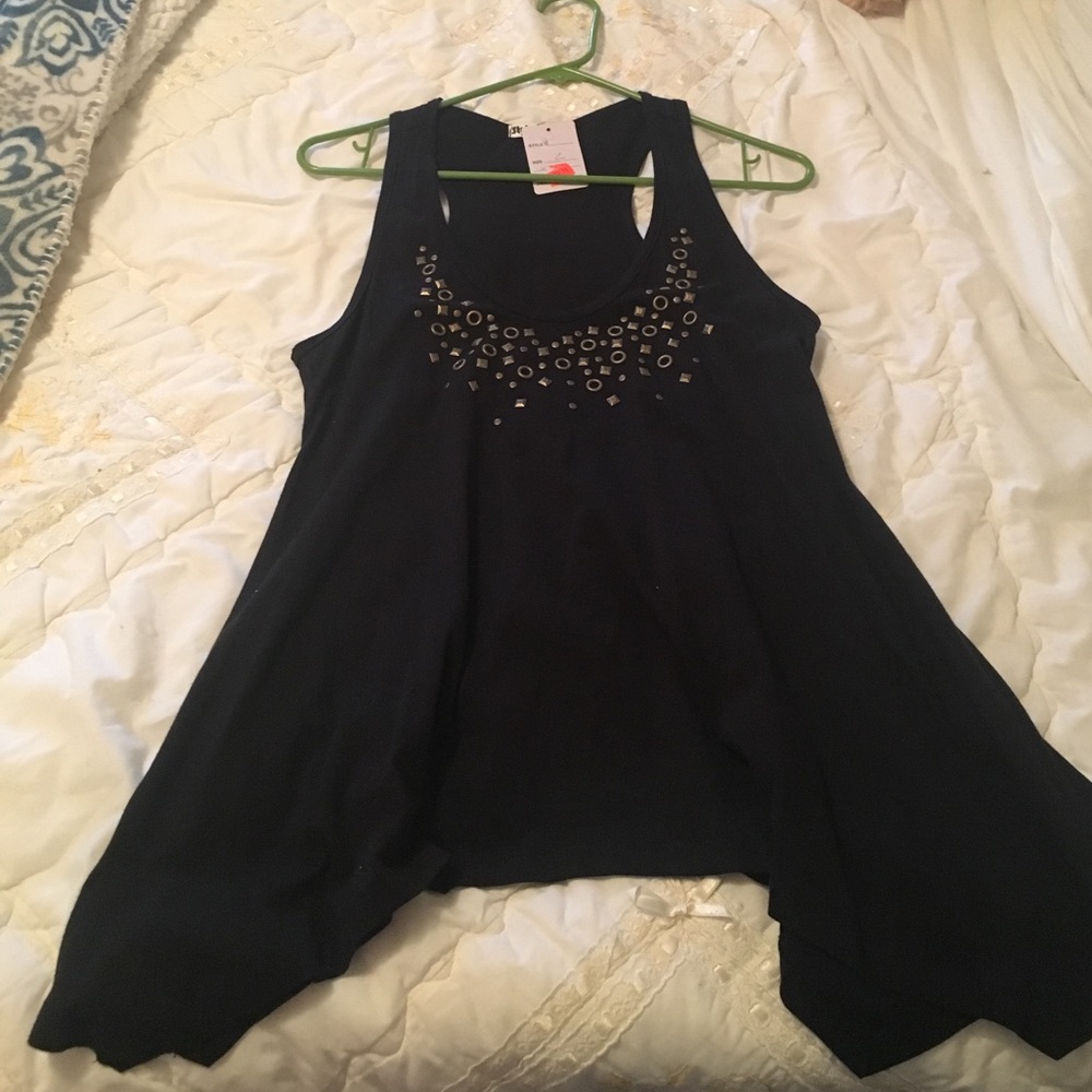 Black T- Back, Asymmetric hemmed cotton top.