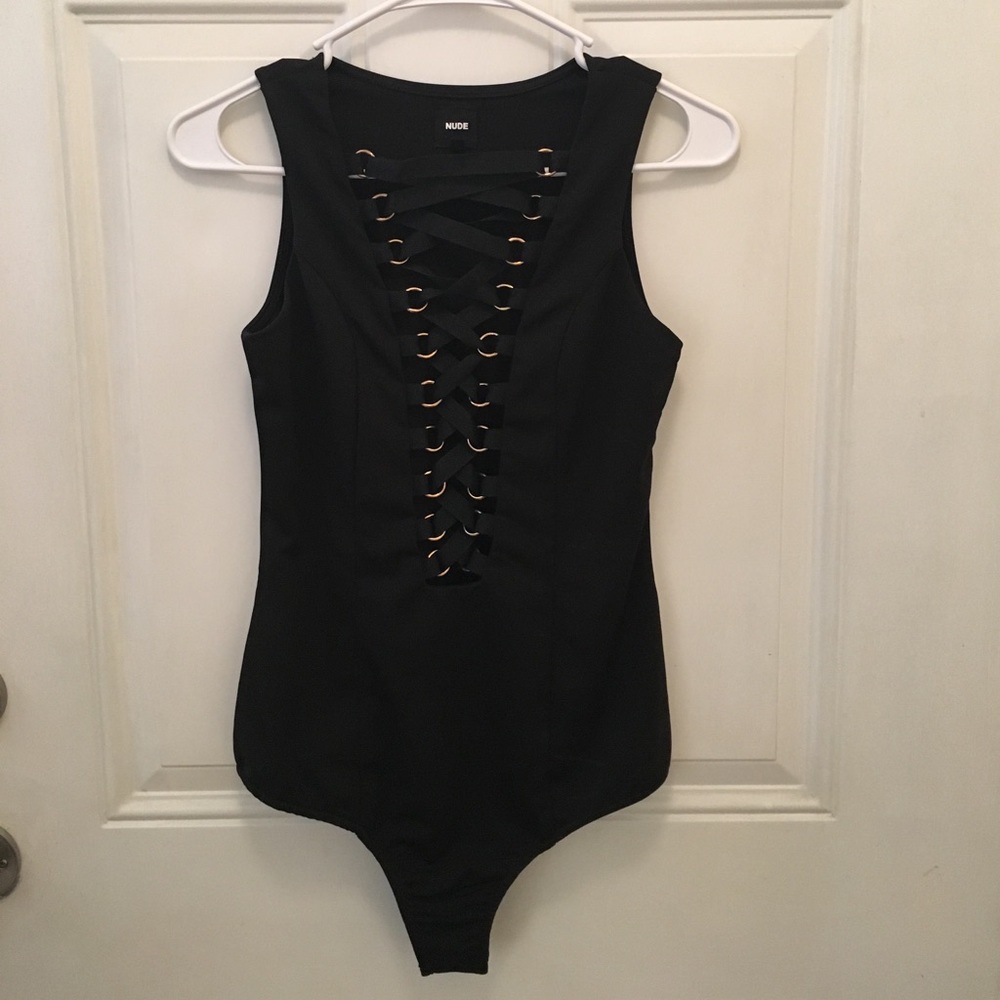 Black Bodysuit With Gold Eyelet & Lace-Up Detail