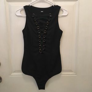 Black Bodysuit With Gold Eyelet & Lace-Up Detail