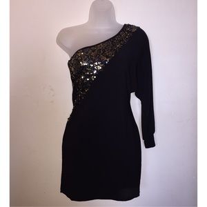 Black one shoulder dress w/ gold sequin detailing