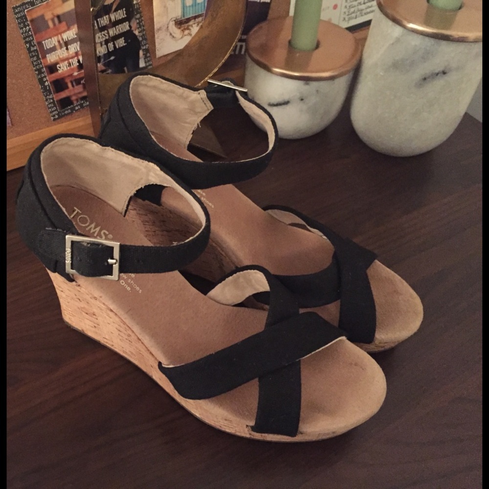 TOMS Black Strappy Sandal Wedges