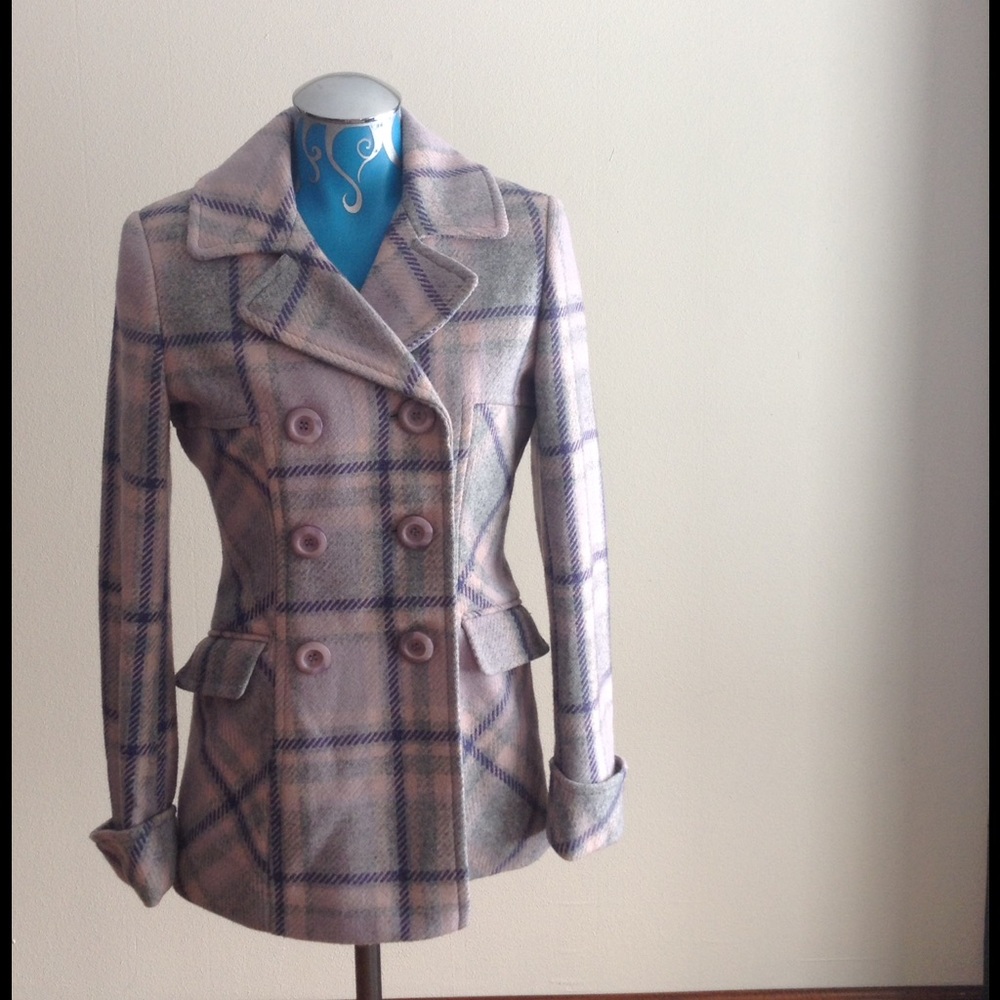 Moda International Plaid Pea Coat SZ XS Pink Grey