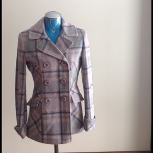 Moda International Plaid Pea Coat SZ XS Pink Grey