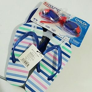 NWT girls beach sandals, two pack + goggles
