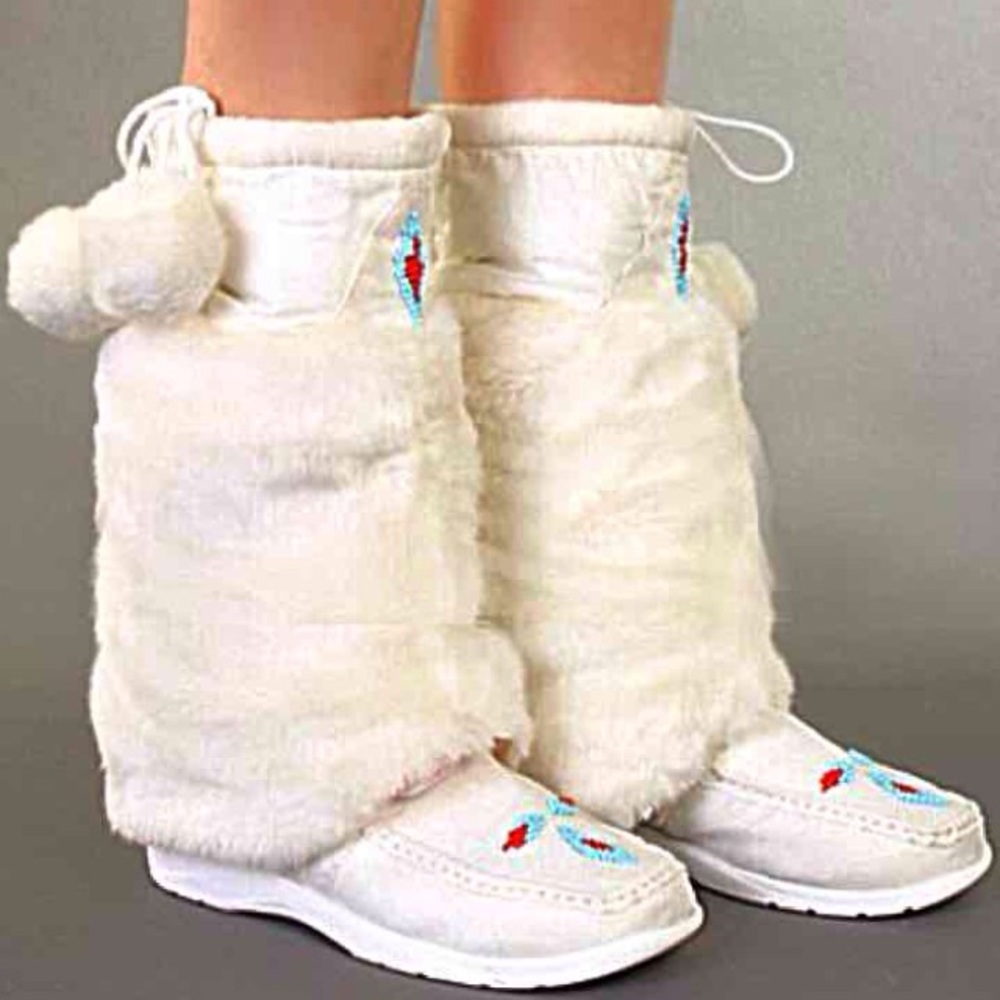 WHITE SUEDE POMPOM FUR WEDGE BOOTS