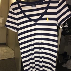 Dark blue and white striped short sleeve shirt
