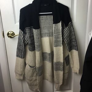 Aqua Navy and Cream Beige Striped Cardigan