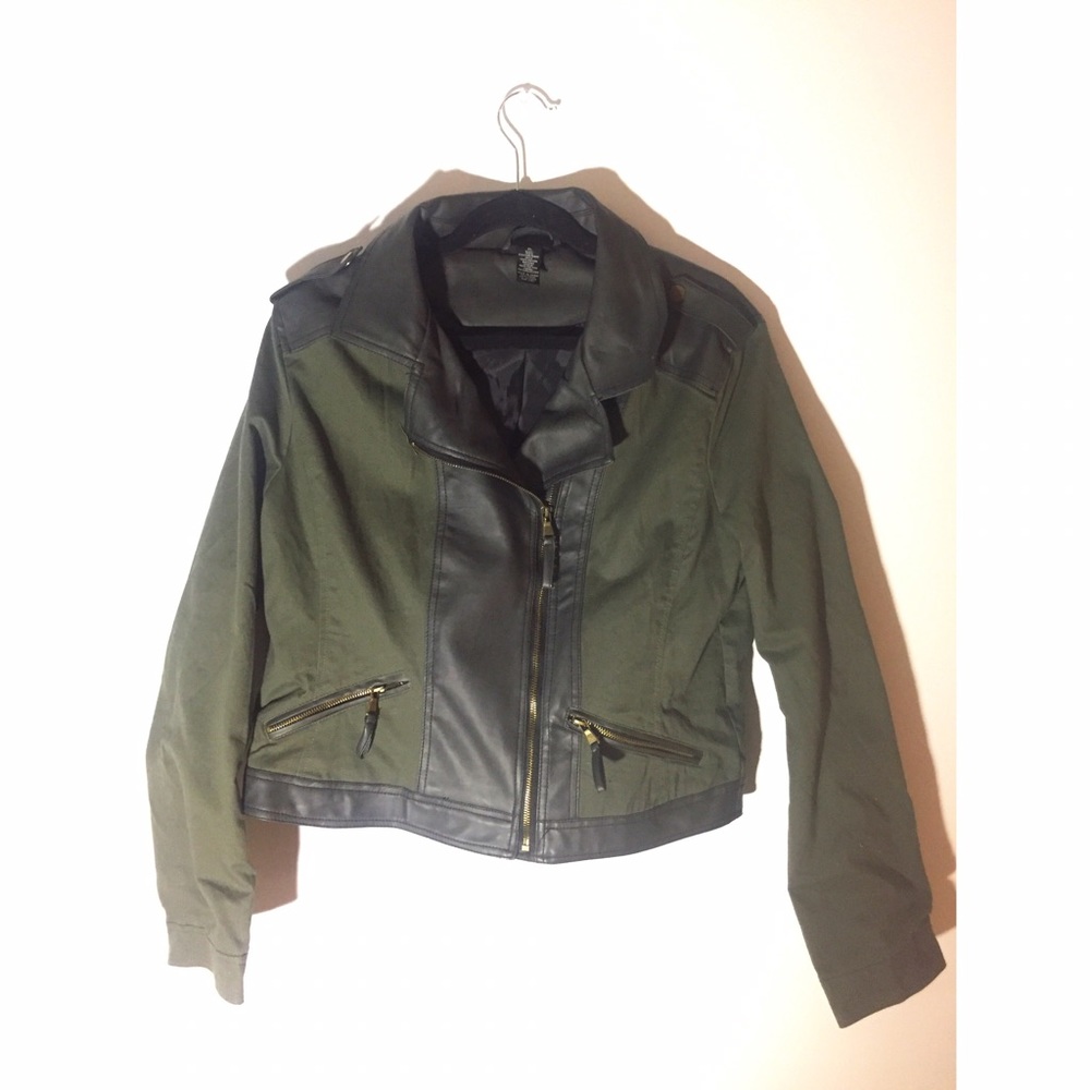 Green fabric& Black leather jacket