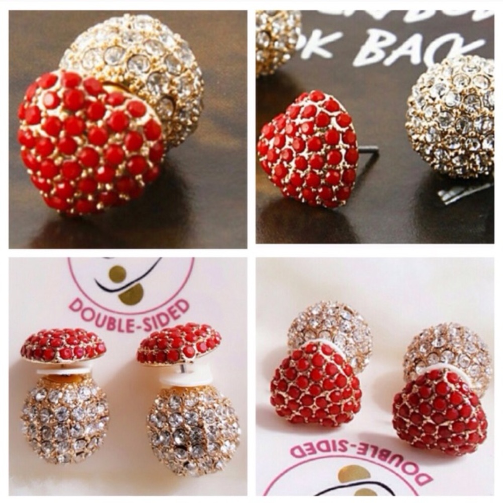 ❤️New•Shaped•DoubleSided•Studs•Red&Clear Stones❤️