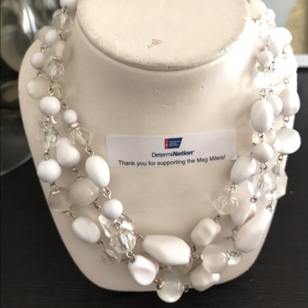 Clear and White Plastic Beaded Silver Necklace