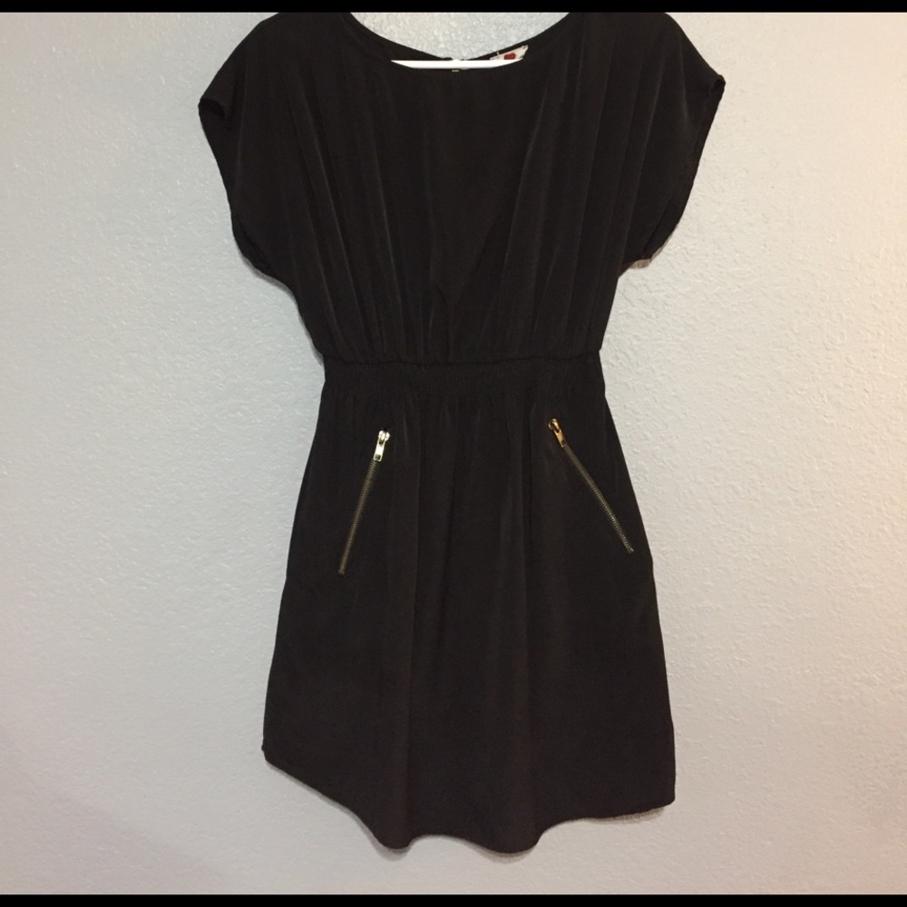 Black casual dress with gold zippers