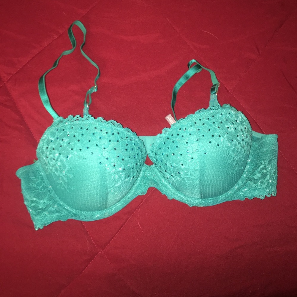 Teal lace rhinestoned aerie bra