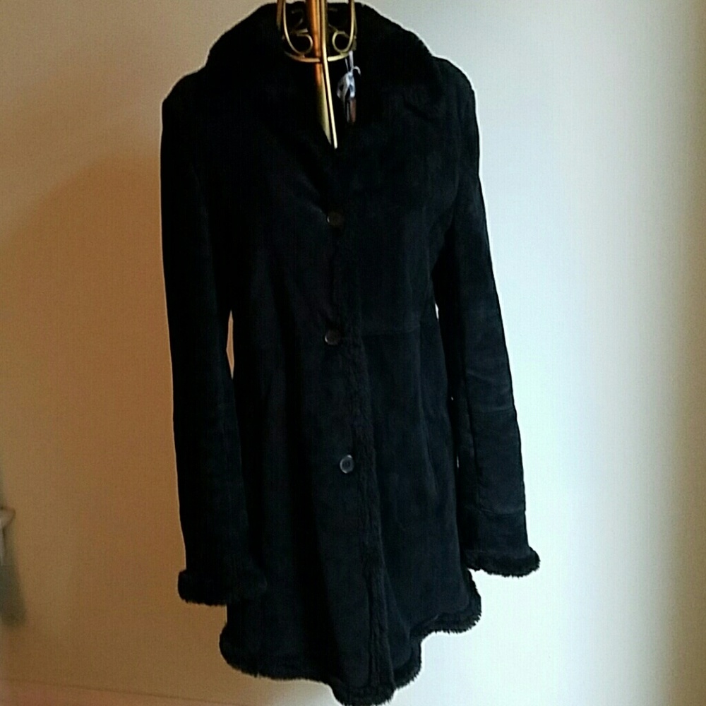 Faux Fur Trimmed Leather Coat