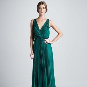 Halston Heritage Green Pleated Sleeveless Gown
