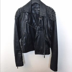 Spike Studded Shoulder Faux Leather Moro Jacket