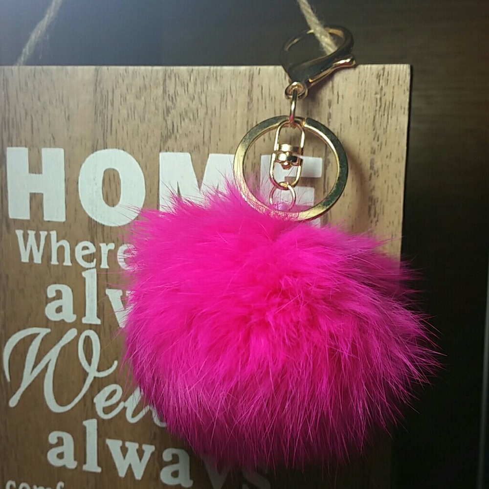 Hot Pink fuchsia pom pom keychain - Picture 3 of 5