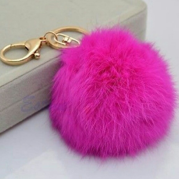 Hot Pink fuchsia pom pom keychain - Picture 2 of 5