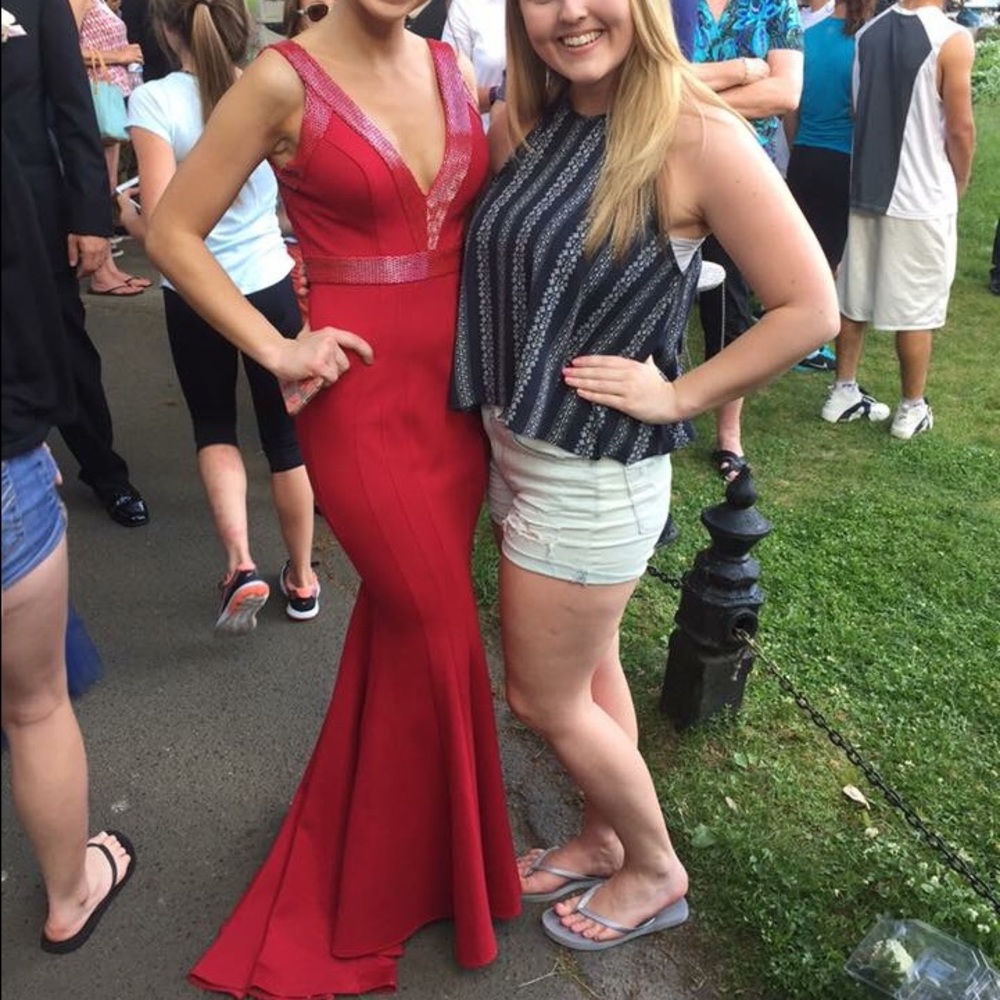 Jovani Red fitted gown with caviar beading