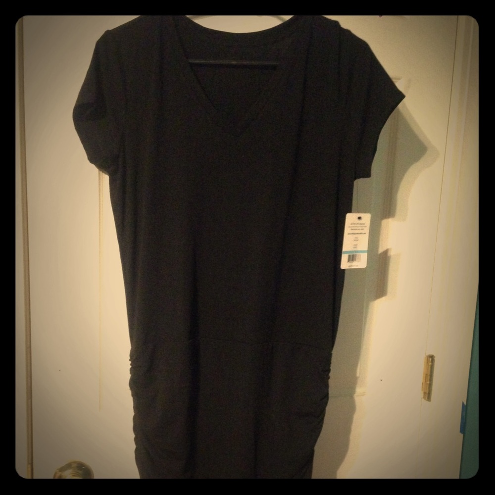 Black V necked, scrunched Stretchy Dress Sz. L